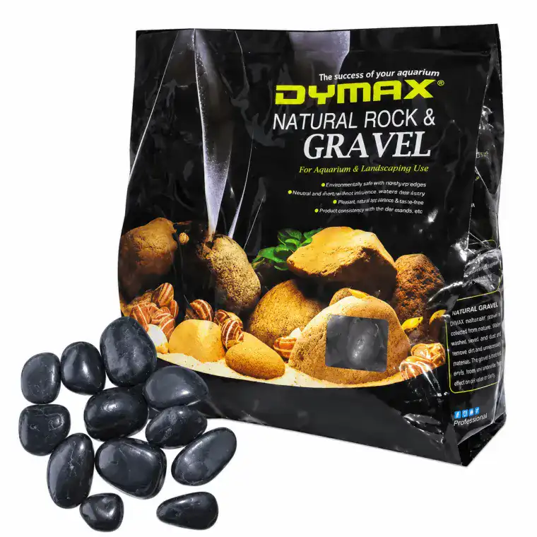 Dymax Black Yuhua Stone 4kg aquarium gravel bag with smooth black pebbles for aquascaping and landscaping.