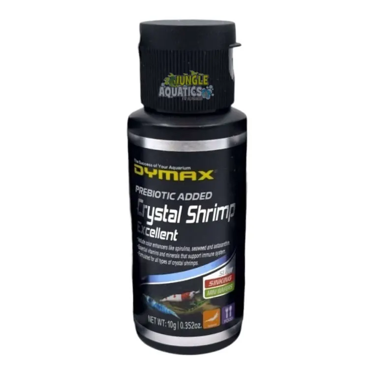 Dymax Crystal Shrimp 10g bottle with prebiotic added, ideal for feeding crystal shrimp and enhancing their coloration.