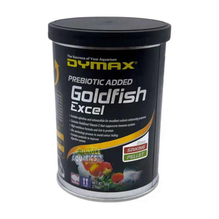 Dymax Goldfish Excel – Premium sinking pellets with spirulina and vitamin C for enhancing goldfish color.