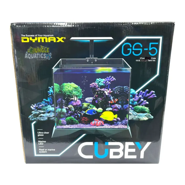 Dymax GS5 Cubey Aquarium Marine box featuring a complete nano reef system with ultra-clear glass and marine LED light.
