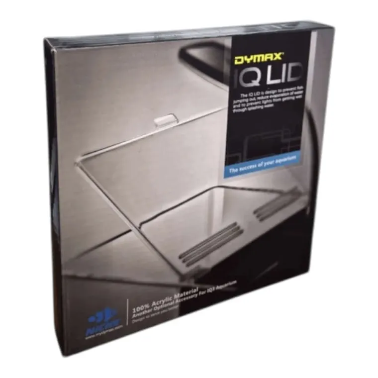 Dymax IQ Aquarium Lid packaging showing acrylic material and design to reduce evaporation and prevent fish from jumping.