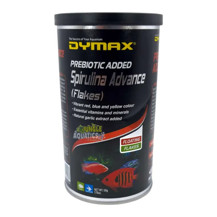 Dymax Spirulina Advance Flakes packaging with nutrient-rich food for vibrant fish colors