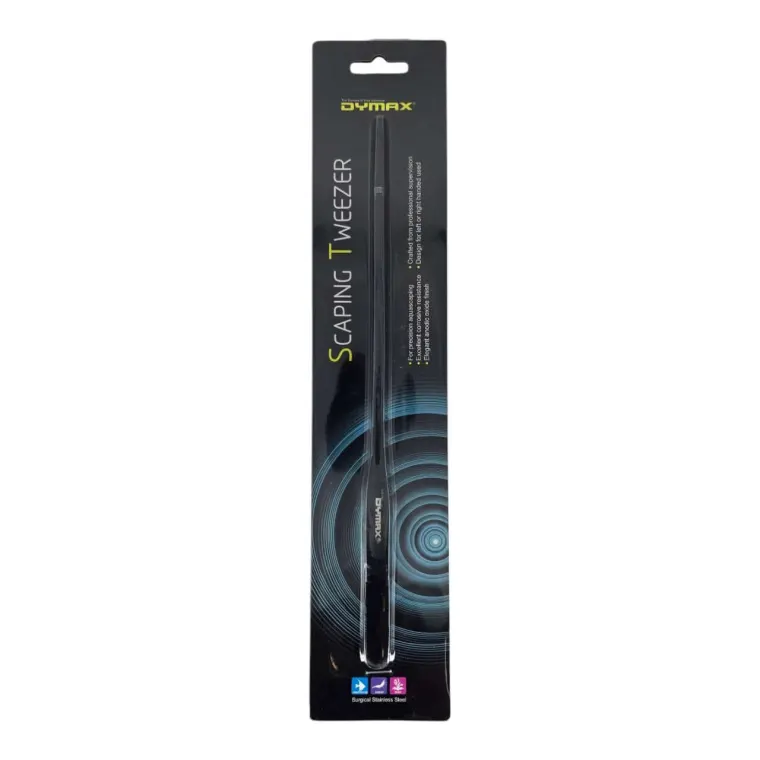 Dymax stainless steel straight tweezers for easy aquarium planting and scaping, ergonomically designed, rust-resistant.